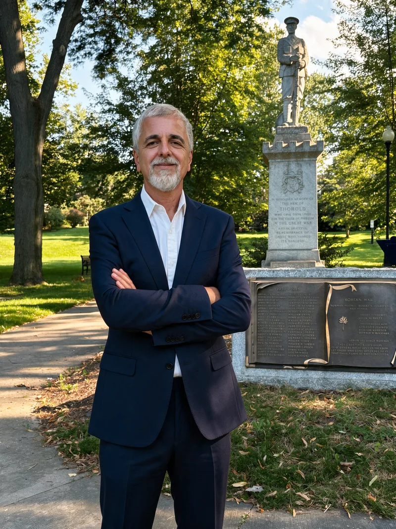 Kamal Fodil standing at the Thorold cenotaph on a summer afternoon