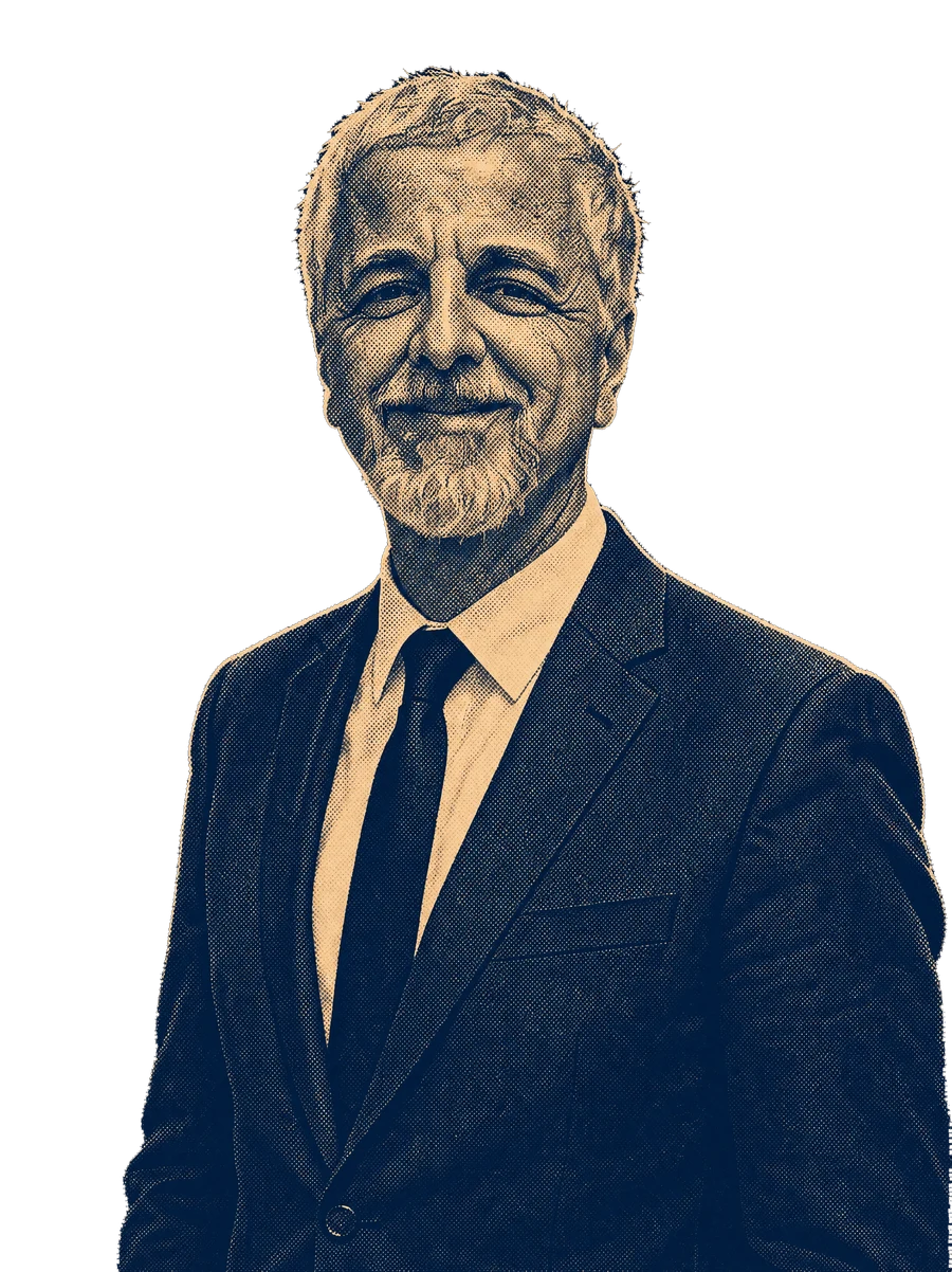 Halftone portrait of Kamal Fodil in a suit, printed in cream ink on navy